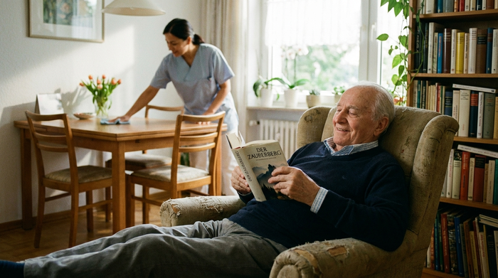 Ein älterer Herr sitzt entspannt in seinem sauberen, aufgeräumten Wohnzimmer und liest ein Buch, während im Hintergrund eine unscharfe Pflegekraft sanft den Tisch abwischt.
