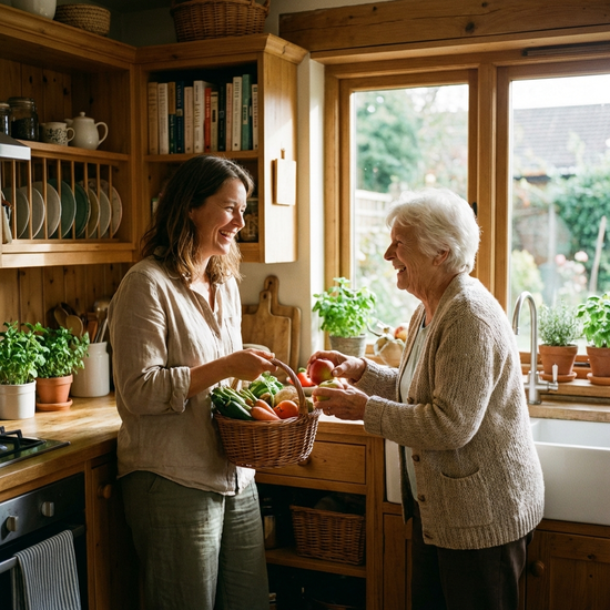 Eine sympathische Alltagsbegleiterin und eine Seniorin räumen gemeinsam frisches Gemüse und Obst in eine aufgeräumte Holzküche ein. Beide lachen fröhlich in einer harmonischen Umgebung.