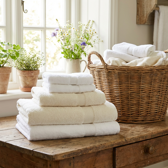Ein sauber gefalteter Stapel frischer Handtücher liegt auf einem rustikalen Holztisch neben einem geflochtenen Korb mit sauberer Wäsche in einem hellen, freundlichen Raum.
