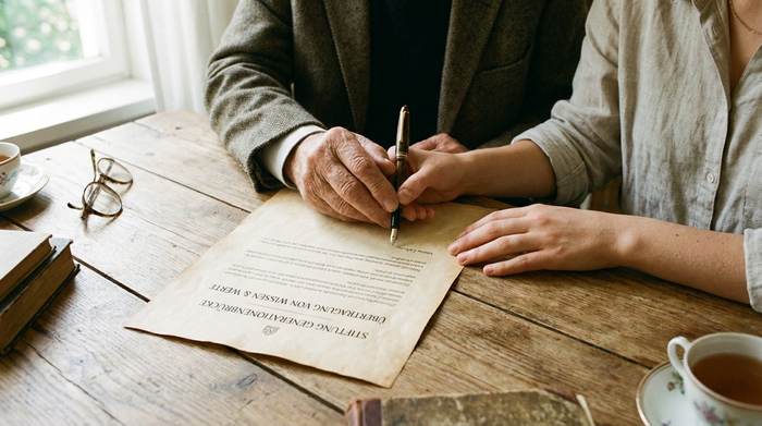 Zwei Hände, eine jüngere und eine ältere, halten gemeinsam einen Stift und füllen entspannt ein Dokument auf einem Holztisch aus, beleuchtet von weichem Tageslicht.