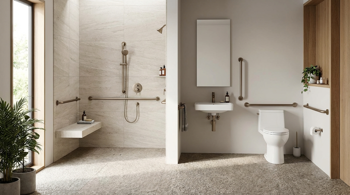 Ein modernes, barrierefreies Badezimmer mit einer geräumigen, ebenerdigen Dusche, eleganten Haltegriffen an den hellen Fliesen und einem rutschfesten Boden.