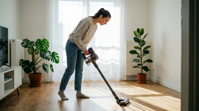Eine junge Frau in unauffälliger Alltagskleidung saugt konzentriert den Holzboden in einem aufgeräumten, sonnendurchfluteten Wohnzimmer. Im Hintergrund stehen gepflegte Zimmerpflanzen. Realistische, saubere Umgebung ohne Text.