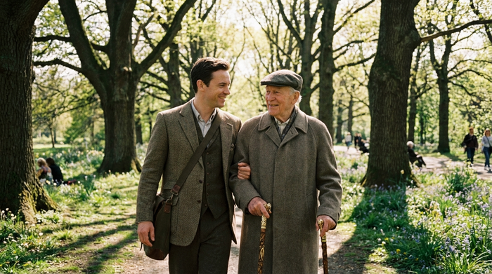 Ein geduldiger Alltagsbegleiter spaziert gemeinsam mit einem älteren Herrn, der sich auf einen Gehstock stützt, durch einen sonnigen Park mit alten Bäumen. Beide lächeln und genießen die Natur. Hochwertige Fotografie, klare Szene.