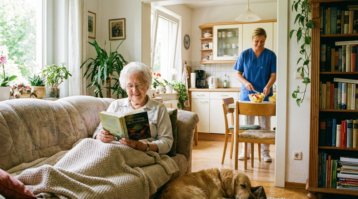 Eine ältere Frau sitzt entspannt auf dem Sofa und liest ein Buch, während im Hintergrund eine freundliche Betreuungskraft frisches Obst in der hellen Küche vorbereitet. Harmonische und sichere Wohnatmosphäre, realistisch.