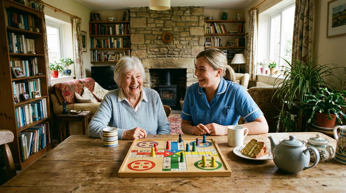 Zwei Frauen, eine ältere Dame und eine jüngere Betreuerin, spielen gemeinsam vergnügt ein Brettspiel an einem rustikalen Holztisch. Kognitive Aktivierung in häuslicher, gemütlicher Umgebung, ohne sichtbaren Text oder Labels.