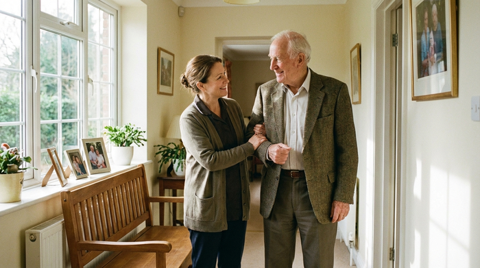 Eine geduldige Pflegekraft hilft einem älteren Herrn liebevoll beim Anziehen einer Jacke im hellen Flur eines gepflegten Hauses. Beide lächeln sich vertrauensvoll an.