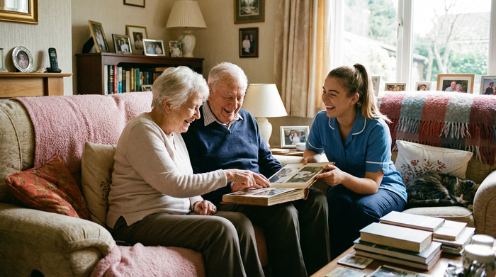 Ein älteres Ehepaar sitzt entspannt auf dem Sofa und betrachtet gemeinsam mit der jungen Betreuungskraft ein Fotoalbum. Die Atmosphäre ist familiär und harmonisch.