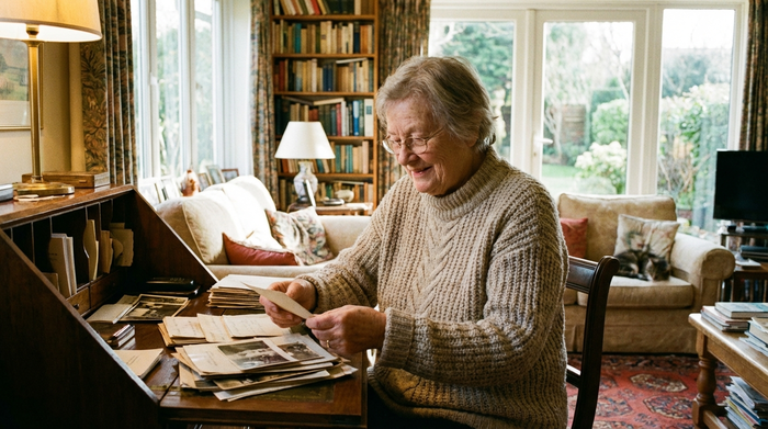 Eine ältere Frau sitzt am Schreibtisch und sortiert mit einem zufriedenen Lächeln Dokumente, während im Hintergrund ein lichtdurchfluteter Wohnraum zu sehen ist.