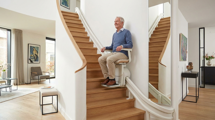 Ein moderner, unauffälliger Treppenlift in einem stilvollen Einfamilienhaus. Ein zufriedener Senior fährt damit sicher und entspannt in die obere Etage.