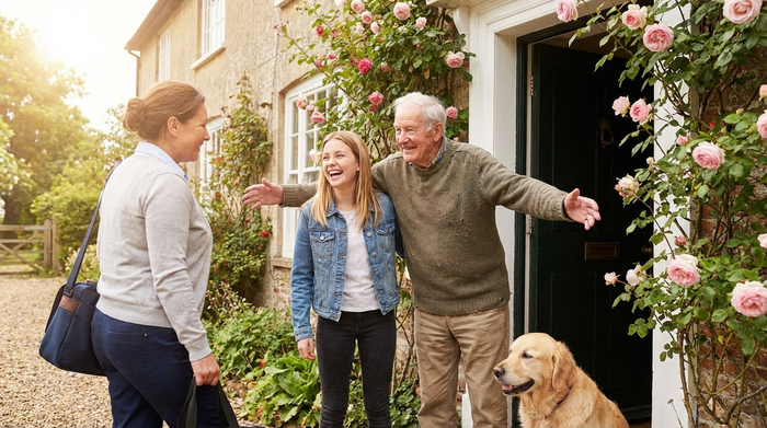 Eine herzliche Begrüßung an der Haustür: Eine Tochter und ihr älterer Vater empfangen die neue Betreuungskraft mit offenen Armen an einem sonnigen Tag.