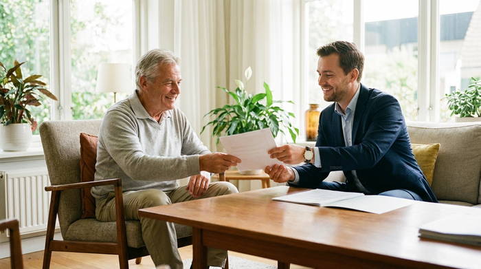 Ein freundliches Beratungsgespräch in einem hellen Raum. Ein älterer Herr sitzt entspannt am Tisch, während ein Berater ihm ein Dokument überreicht. Vertrauensvolle Atmosphäre, professionell, realistisch, ohne Text.