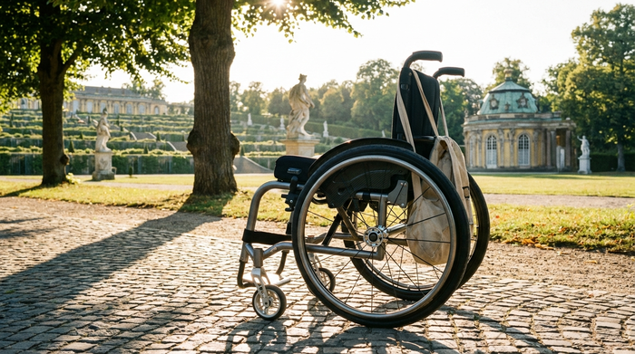 Ein moderner, leichter Rollstuhl steht auf einem gepflasterten Weg in einem sonnigen Park, ähnlich den Anlagen von Sanssouci. Grüne Bäume im Hintergrund, klare Lichtverhältnisse, realistisch, ohne Text.