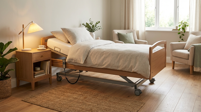 Ein aufgeräumtes, gemütliches Schlafzimmer mit einem modernen, elektrisch verstellbaren Pflegebett. Helle Bettwäsche, ein Nachttisch mit einer Leselampe, sanftes Tageslicht, realistisch, ohne Text.