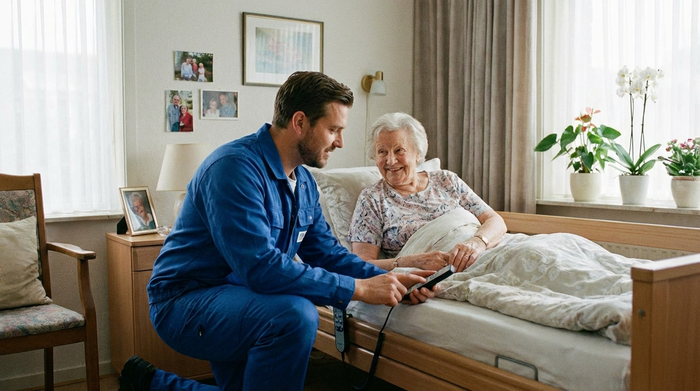 Ein Servicetechniker in blauer Arbeitskleidung erklärt einer älteren Dame geduldig die Fernbedienung eines Pflegebettes in einem gemütlichen Schlafzimmer. Freundliche Atmosphäre, realistisch, ohne Text.
