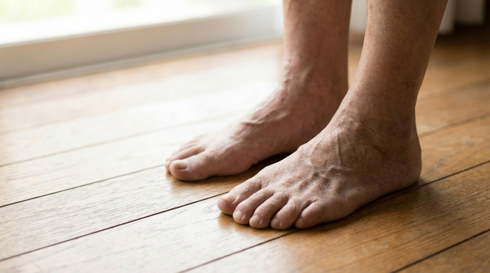 Nahaufnahme von gesunden, barfüßigen Füßen eines älteren Menschen, die sanft auf einem glatten Holzboden stehen. Die Beleuchtung ist weich und natürlich, was eine ruhige und unbeschwerte Stimmung erzeugt.