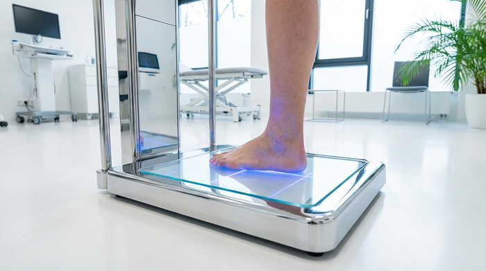 Ein leuchtender 3D-Fußscanner auf dem hellen Boden einer orthopädischen Praxis. Ein nackter Fuß steht auf der sauberen Glasplatte, beleuchtet von einem sanften blauen Lichtraster. Hochmoderne, klinische und saubere Umgebung.