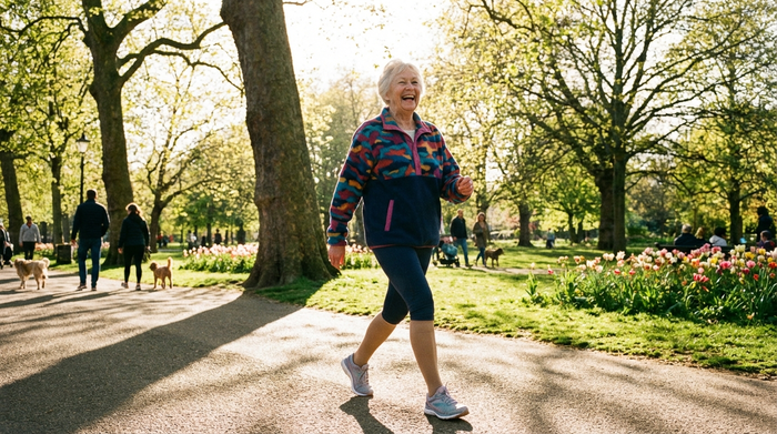 Eine aktive Seniorin in bequemer sportlicher Kleidung geht fröhlich durch einen sonnigen Park. Sie trägt unauffällige, hautfarbene Kompressionsstrümpfe, die sich harmonisch in ihr gepflegtes Erscheinungsbild einfügen. Ihr Gesichtsausdruck zeigt pure Lebensfreude.