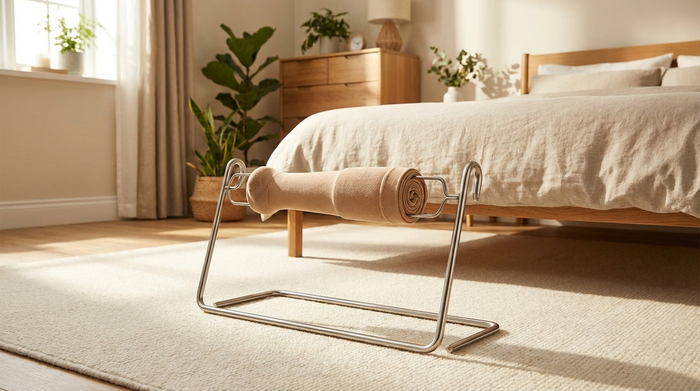 Eine praktische metallene Anziehhilfe für Kompressionsstrümpfe steht auf einem sauberen Teppichboden in einem gemütlichen Schlafzimmer. Ein ordentlich aufgerollter, beigefarbener Strumpf ist bereits über das Gestell gespannt, bereit für das mühelose Hineinschlüpfen.