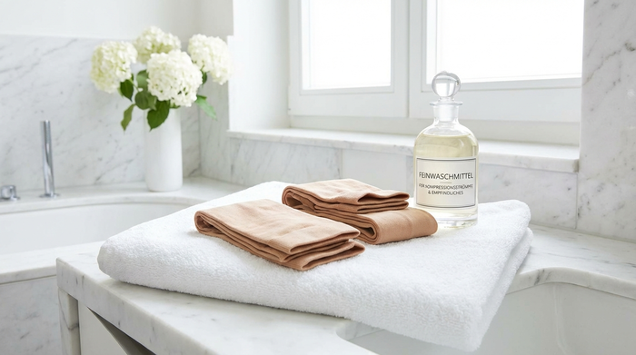 Zwei saubere, hautfarbene Kompressionsstrümpfe liegen ordentlich gefaltet auf einem frischen, weißen Handtuch in einem hellen, modernen Badezimmer. Daneben steht eine kleine, elegante Flasche mit Feinwaschmittel. Sauberkeit und Frische stehen im Vordergrund.