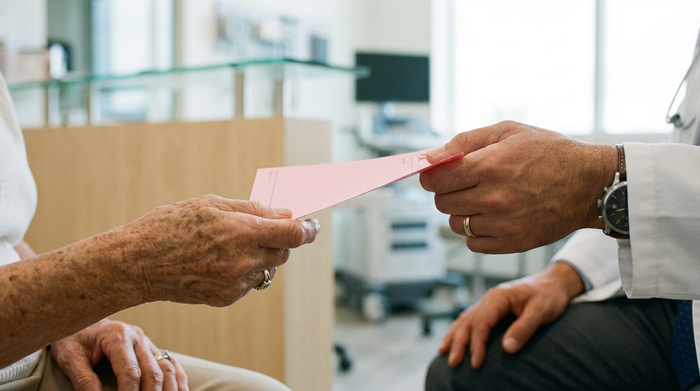 Eine Nahaufnahme der Hände eines Arztes, der ein rosafarbenes Rezept an eine ältere Patientin in einer modernen, sauberen Arztpraxis überreicht. Vertrauensvolle Geste, weiches Licht, realistische Szene ohne Schriftzüge.