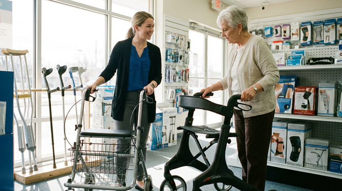 Zwei verschiedene Rollatoren stehen nebeneinander in einem hellen Sanitätshaus. Ein Standard-Rollator aus Metall und ein modernes, leichtes Carbon-Modell. Eine freundliche Beraterin zeigt einer Seniorin die Unterschiede. Klare, realistische Umgebung ohne Text.