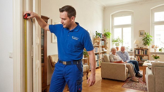 Ein engagierter Mitarbeiter eines Sanitätshauses in Arbeitskleidung misst mit einem Maßband sorgfältig den Türrahmen einer klassischen Altbauwohnung aus, während ein älteres Ehepaar im Hintergrund wohlwollend zuschaut. Helle, freundliche Wohnatmosphäre.