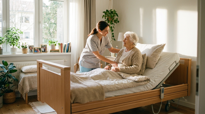 Eine Pflegerin hilft einer älteren Dame sanft dabei, sich in einem modernen, hellen Pflegebett aufzurichten. Das Schlafzimmer ist gemütlich und wohnlich eingerichtet, mit weichem Sonnenlicht durch das Fenster. Realistische, würdevolle Pflegesituation.