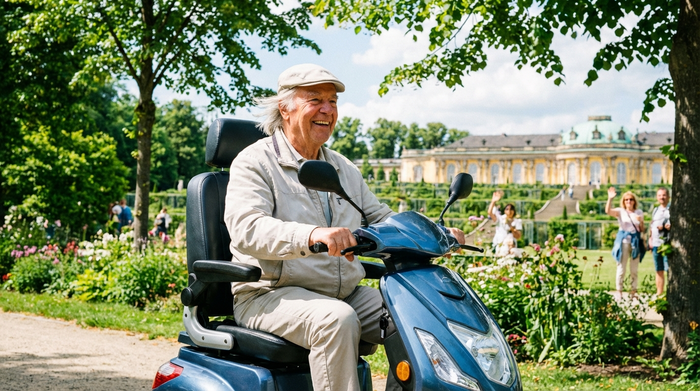Ein zufriedener Senior fährt an einem sonnigen Tag mit seinem modernen Elektromobil durch einen grünen Park in Potsdam. Er lächelt entspannt und genießt die neu gewonnene Mobilität. Frische Farben, dynamische und positive Stimmung.