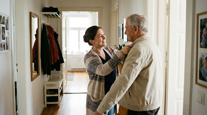 Eine einfühlsame Pflegekraft hilft einem älteren Herrn beim Anziehen einer leichten Jacke im Flur einer gepflegten Wohnung. Beide lächeln sich an. Helle, freundliche Atmosphäre, realistische Alltagssituation ohne medizinische Geräte.