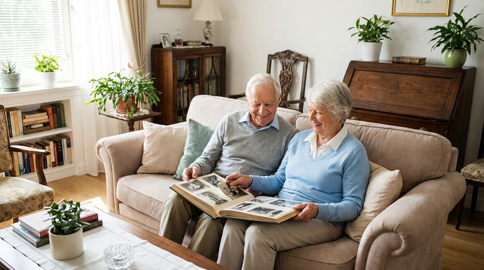 Ein älteres Ehepaar sitzt entspannt auf einem bequemen Sofa und schaut sich gemeinsam ein Fotoalbum an. Die Umgebung ist ein aufgeräumtes, wohnliches Wohnzimmer mit Zimmerpflanzen und sanftem Tageslicht. Friedliche und sorgenfreie Stimmung.