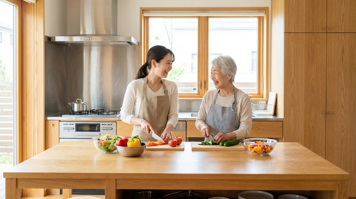 Eine Pflegekraft und eine Seniorin bereiten gemeinsam in einer modernen, sauberen Küche frisches Gemüse für das Mittagessen vor. Die Szene zeigt hauswirtschaftliche Unterstützung und fröhliche Interaktion auf Augenhöhe.