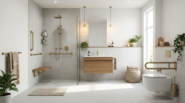 Ein modernisiertes, helles und barrierefreies Badezimmer mit einer großzügigen, bodengleichen Dusche und eleganten Haltegriffen an der hell gefliesten Wand. Sauber, sicher und stilvoll eingerichtet, ohne krankenhausartige Atmosphäre.