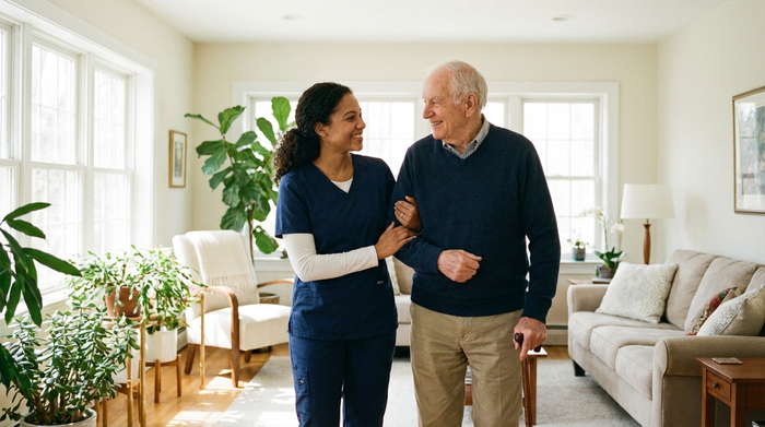 Eine fürsorgliche Pflegekraft stützt einen älteren Herrn behutsam beim Gehen im hellen Wohnzimmer. Beide lächeln sich an. Die Szene wirkt sicher und unterstützend.