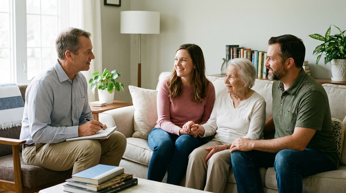 Ein neutraler Gutachter sitzt mit einer Familie auf dem Sofa. Er hört aufmerksam zu, während die Tochter der pflegebedürftigen Mutter liebevoll die Hand hält. Eine entspannte und beratende Atmosphäre.