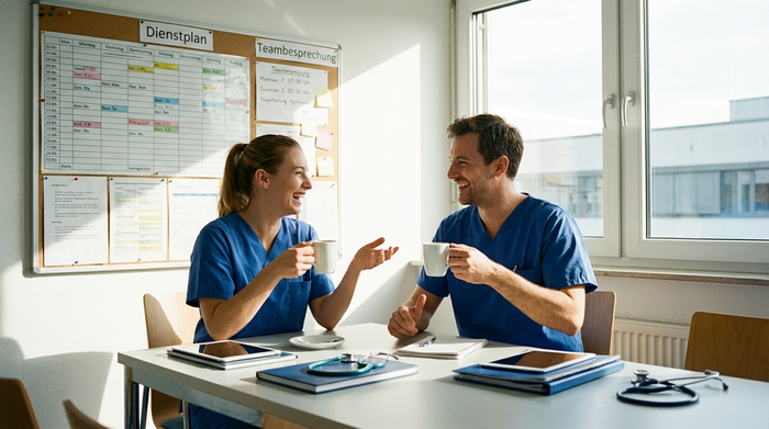 Zwei Pflegekräfte besprechen sich gut gelaunt bei einer Tasse Kaffee in einem hellen Pausenraum. Sie wirken kompetent, motiviert und gut organisiert.