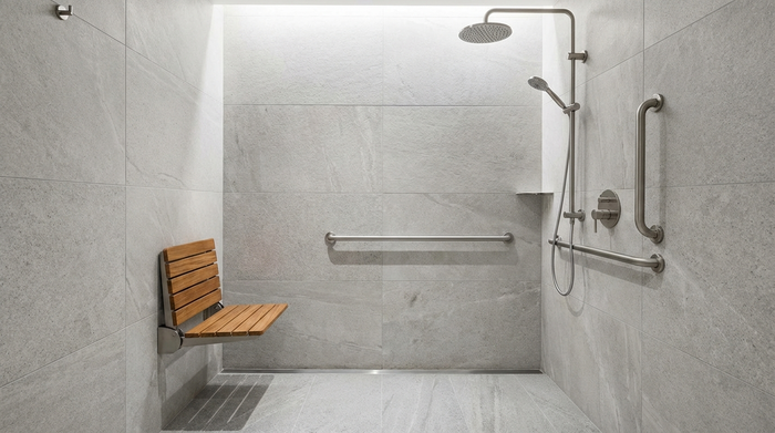 Eine moderne, barrierefreie Dusche mit Haltegriffen und einem bequemen Duschsitz in einem hell gefliesten Badezimmer. Ein sicheres und sauberes Umfeld ohne sichtbare Personen.