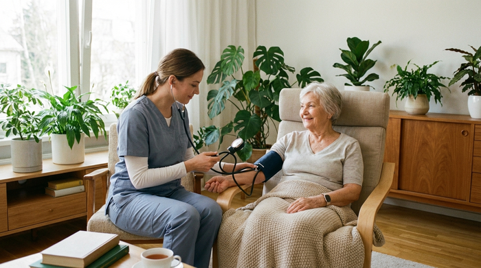 Eine professionelle Pflegekraft misst den Blutdruck einer älteren Dame, die entspannt in einem bequemen Sessel sitzt. Helles, aufgeräumtes Wohnzimmer mit grünen Zimmerpflanzen im Hintergrund.