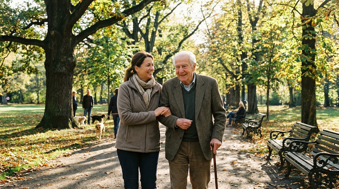Eine fürsorgliche Betreuerin und ein älterer Herr spazieren an einem sonnigen Nachmittag entspannt durch einen grünen Park mit alten Bäumen. Sie haken sich freundschaftlich unter.