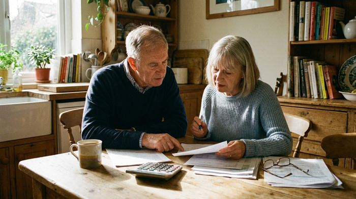 Ein älteres Ehepaar sitzt am Küchentisch und bespricht konzentriert Dokumente. Eine Tasse Kaffee und ein Taschenrechner liegen auf dem rustikalen Holztisch. Natürliches Tageslicht fällt durch das Fenster.