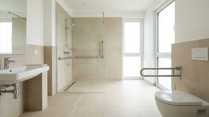 Ein modernes, helles und barrierefreies Badezimmer mit einer bodengleichen Dusche, stabilen Haltegriffen an den Wänden und rutschfesten, sandfarbenen Fliesen. Sauberes und sicheres Design.