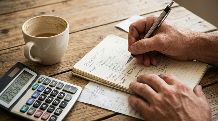 Eine Nahaufnahme von Händen, die mit einem Stift auf einem Notizblock eine Haushaltsrechnung durchgehen. Daneben liegt ein Taschenrechner und eine Tasse Kaffee auf einem gemütlichen Holztisch.