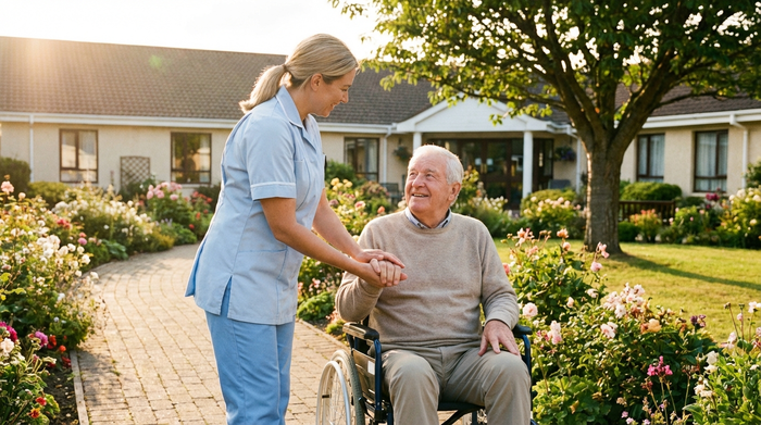 Eine einfühlsame Pflegekraft in heller Berufskleidung hält sanft die Hand eines lächelnden Seniors im Rollstuhl. Sie befinden sich in einem sonnigen, gepflegten Garten einer Seniorenresidenz.
