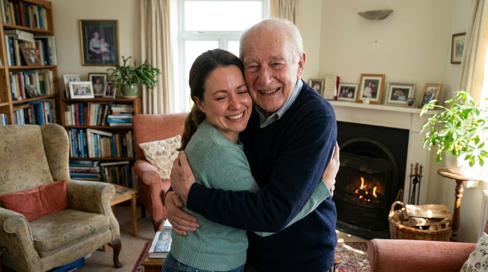 Eine erwachsene Tochter umarmt ihren älteren Vater liebevoll im Wohnzimmer. Beide wirken erleichtert und glücklich. Im Hintergrund ist eine gemütliche, familiäre Einrichtung zu sehen.