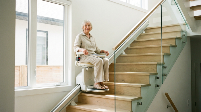 Ein moderner, unauffälliger Treppenlift in einem hellen, freundlichen Treppenhaus eines Einfamilienhauses. Eine ältere Dame fährt sicher und entspannt lächelnd die Treppe hinauf.