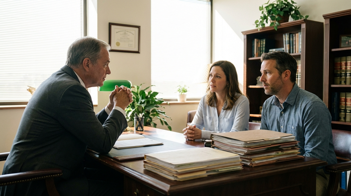 Ein seriöser Richter oder Betreuer in einem formellen, aber freundlichen Bürogespräch mit den erwachsenen Kindern eines Demenzpatienten. Helles Büro, Akten auf dem Tisch, zugewandte Körpersprache.