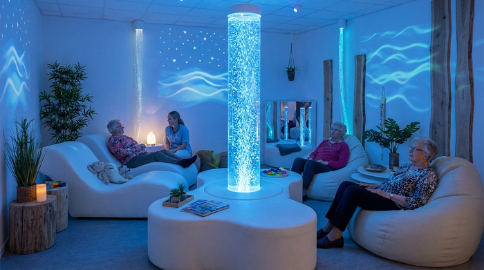 Ein beruhigender Snoezelen-Raum in einem Pflegeheim mit sanftem blauen Licht, einer blubbernden Wassersäule und bequemen weißen Liegelandschaften. Entspannte und friedliche Atmosphäre.