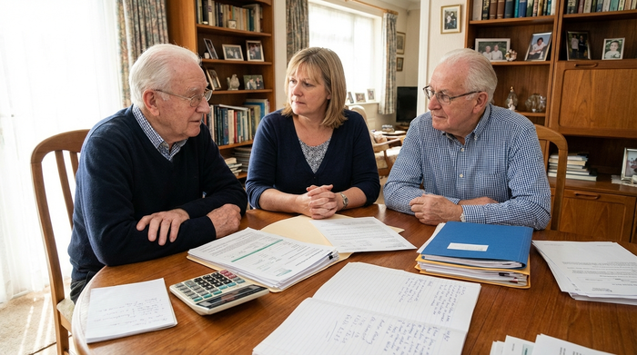 Ein älteres Ehepaar und ihre Tochter sitzen am Esstisch und besprechen Dokumente und Unterlagen zur Pflegefinanzierung. Ernsthafter, aber hoffnungsvoller Ausdruck, Taschenrechner und Papierkram.