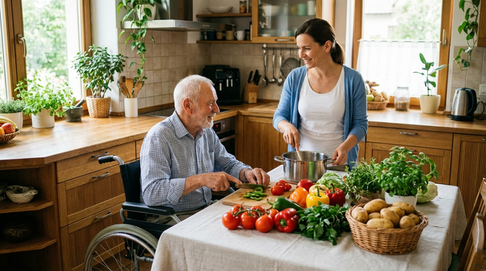 Eine freundliche 24-Stunden-Pflegekraft kocht gemeinsam mit einem lächelnden Senior in einer gemütlichen, barrierefreien häuslichen Küche. Frisches Gemüse auf dem Tisch.