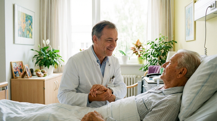 Ein professioneller Arzt im weißen Kittel spricht beruhigend mit einem älteren Patienten in einem hellen, freundlichen Krankenhauszimmer. Realistische Szene, weiches Licht, Vertrauen ausstrahlend.