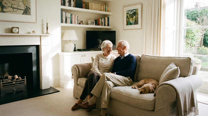 Ein älteres Ehepaar sitzt entspannt auf einem gemütlichen Sofa in einem hellen, aufgeräumten Wohnzimmer. Beide lächeln sich glücklich und unbeschwert an. Die Szene strahlt tiefe Geborgenheit und finanzielle Sorgenfreiheit aus.